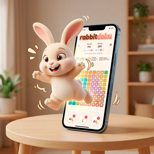 A happy rabbit leaping out of a phone showing a Rabbitdoku puzzle