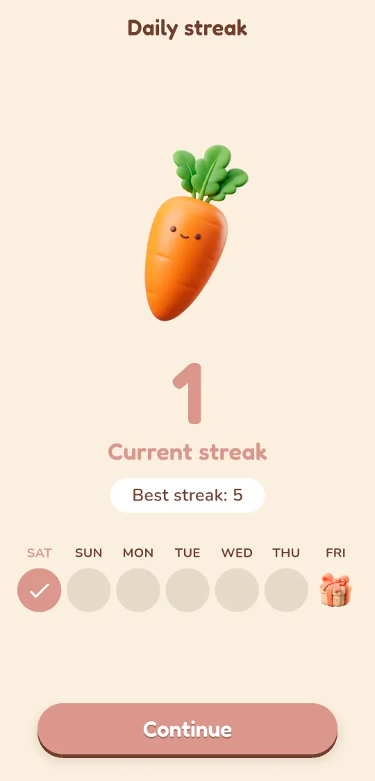 Daily streak screen with a smiling carrot
