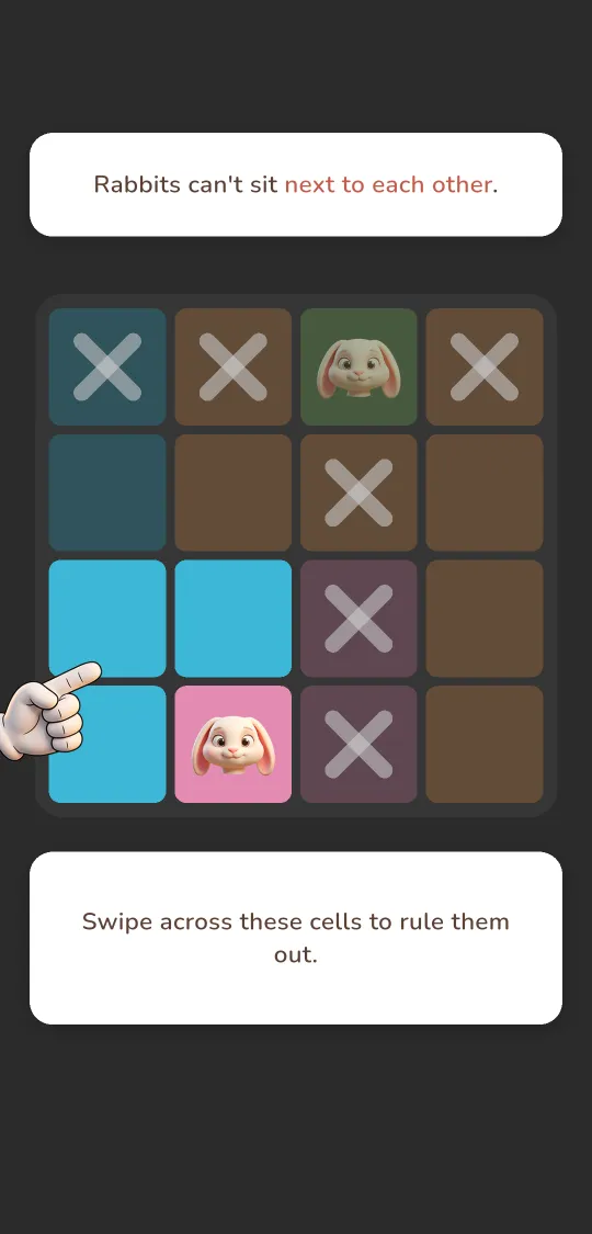 Rabbitdoku tutorial explaining that rabbits can't sit next to each other